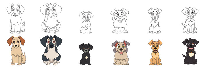 Wall Mural - Set of cute puppy doodle style and colored outline. Collection of little dog isolated on white background. Vector illustration.