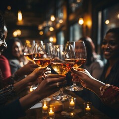 Group of friends toasting white wine at an outdoor dinner party, embodying social celebration in an authentic, lifestyle-oriented scene