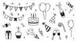 © Polina Tomtosova - Birthday doodle icon element. Hand drawn sketch doodle birthday cake, balloon, event decoration element. Party, carnival celebration concept background. Vector illustration