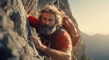 An Older Rock Climber Scaling A Challenging Cliff,  Proving Age Is No Obstacle