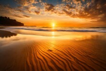 The Sun Setting Over A Calm Beach, Casting A Warm, Golden Glow On The Sand And Water. 4k HD Ultra High Quality Photo. 