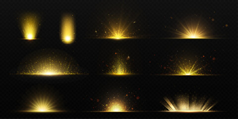 Poster - set of golden light flash effects isolated on transparent background. vector realistic illustration 