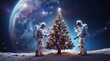 Two Astronauts celebrating Christmas on the moon, build a huge Christmas tree, earth and milky way on the background. 