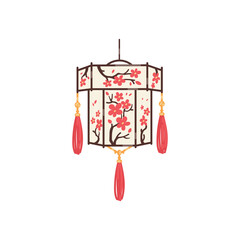 Wall Mural - Vector illustration of Japanese or Chinese paper lantern with sakura trees, floral design with red braid, isolated on white background