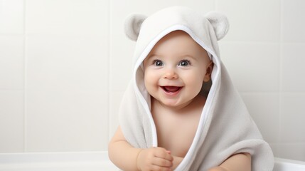 cute smiling baby with a towel on his head