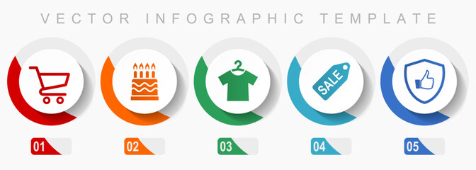 Poster - Shop icon set, miscellaneous icons such as shopping cart, birthday cake, clothes and sale, flat design vector infographic template, web buttons in 5 color options