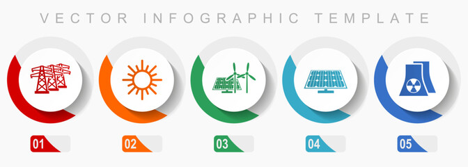 Sticker - Renewable energy icon set, miscellaneous icons such as power line, sun, solar panel and nuclear power plant, flat design vector infographic template, web buttons in 5 color options