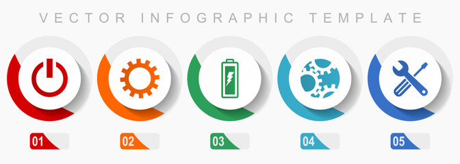 Wall Mural - Industry icon set, miscellaneous icons such as power, cogwheel, battery and tools, flat design vector infographic template, web buttons in 5 color options