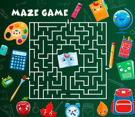 Aufkleber - Labyrinth maze game. Help to cartoon school stationery characters find a friend. Kids puzzle vector worksheet of square maze with funny personages of pencil, book, paint and brush, notebook, backpack