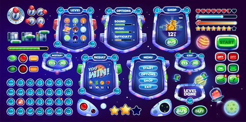 Poster - Cartoon galaxy space game interface. Game buttons, gui elements, ui game asset of menu vector screens. Spaceship status bars, panels and buttons with planets, coins, stars, UFO and alien characters