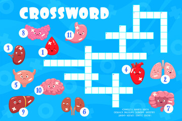 Poster - Crossword quiz game, sick body organ characters, injured and unhealthy personages, vector worksheet grid. Heart with kidney and lungs or thyroid and spleen with illness and injury patch on crossword