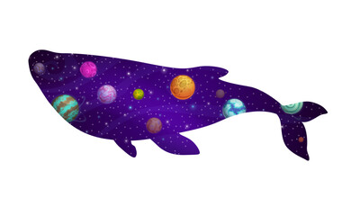 Poster - Whale silhouette and galaxy space with stars and planets on starry sky landscape vector background. Double exposition blue whale animal with cartoon fantasy space, alien galaxy planets and nebulae