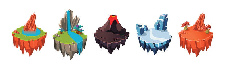 Poster - Floating Island Platforms with Different landscape Vector Set
