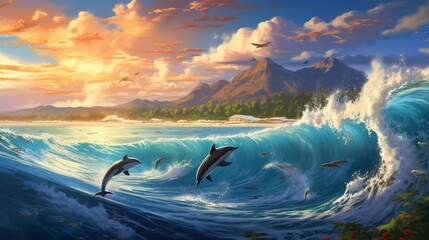 Wall Mural - the world of ocean wildlife, where lively dolphins joyfully vault over the foaming waves in their native habitat