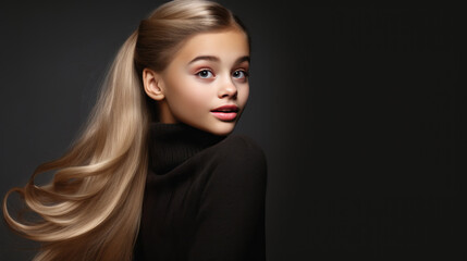 Portrait of preteen woman with blonde hair wearing sweater. Isolated on black background with copy space. AI Generated.