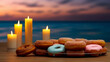 Greeting card for the Jewish religious holiday Hanukkah with burning candles , donuts.
