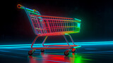 Fototapeta  - Empty shopping cart on dark background, splash screen for sale season - Cyber Monday.
