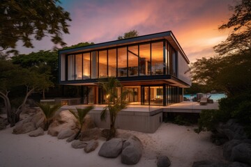 Sticker - Glass house and Guest house at sunset View a nice environment, AI Generative 