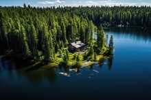 Aerial View Of A Wooden House On A Small Island In The Middle Of A Lake. Aerial View Of Wooden Cottage In Green Pine Forest By The Blue Lake In Rural Summer Finland, AI Generated