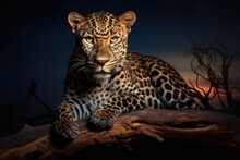 Leopard Lying On A Log In The Evening, 3d Render, African Leopard, Panthera Pardus Illuminated By Beautiful Light, Resting On A Dead Tree, Staring Directly At Camera Against Dark Sky, AI Generated
