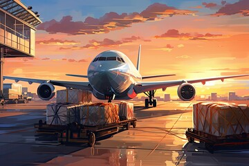 Poster - Airplane in the airport at sunset illustration of a passenger plane. airplane cargo transportation by plane, unloading containers of boxes at the airport, AI Generated