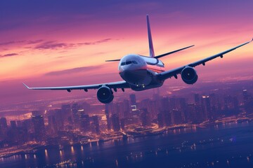 Poster - Airplane in the sky with cityscape background. 3d rendering, Airplane In Flight At Twilight With Blurred Cityscape, AI Generated