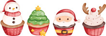 Watercolor Illustration Set Of Cute Christmas Cupcakes