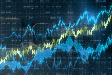 Poster - Abstract glowing forex chart on blurry office interior background. Trade and finance, stock market concept. Double exposure.