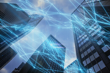 Poster - Abstract glowing polygonal mesh on bright city background. Smart city concept. Double exposure.