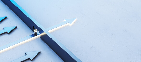 Aufkleber - Abstract illuminated blue arrow breaking through wall on light background with mock up place. Leadership and breakthrough concept. 3D Rendering.