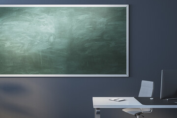 Poster - Contemporary classroom interior with empty mock up chalkboard, white furniture, daylight and equipment. Education, knowledge and workspace concept. 3D Rendering.
