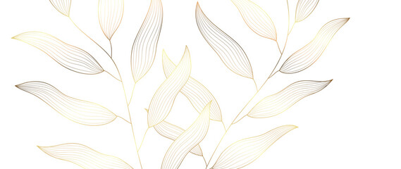 Wall Mural - Botanical leaf line art wallpaper background vector. Luxury natural hand drawn foliage pattern design in minimalist linear contour simple style. Design for fabric, print, cover, banner, invitation.