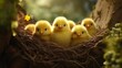 A cozy nest filled with adorable, fluffy yellow chicks, their tiny beaks wide open, eager to chirp