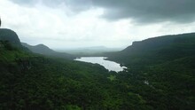 Sahyadri Western Ghats Mountain Middle River Meet The Dam  Drone Shot Bird Eye View .