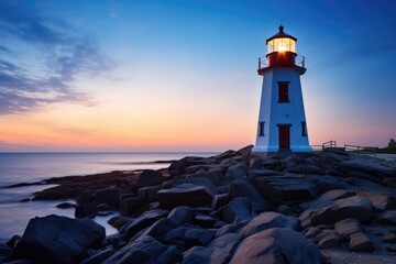 Poster - Burning lighthouse with setting sun.