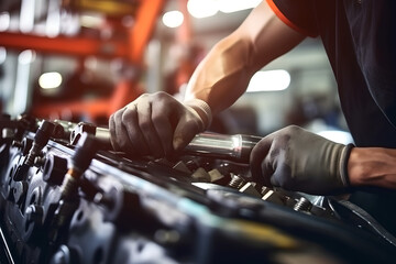 Wall Mural - Close up mechanic hand are using the wrench to repair and maintenance auto engine is problems at car repair shop. Concepts of check and during periodic inspection service.