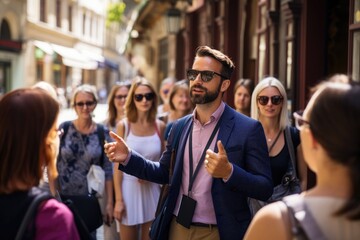 Poster - The guide conducts a tour of the city in the summer.