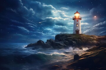 Poster - Lighthouse on an island with clouds in the sky.