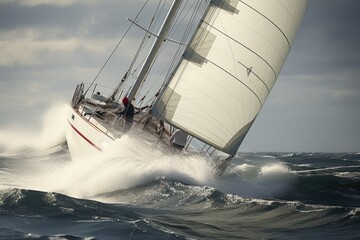 Poster - The yacht tilted on strong waves.