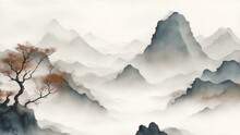 Traditional Chinese House Hill Scenery Landscape Watercolor Painting Wallpaper Oriental Background