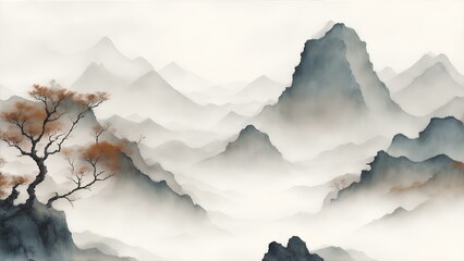 Traditional Chinese house hill scenery landscape watercolor painting wallpaper oriental background