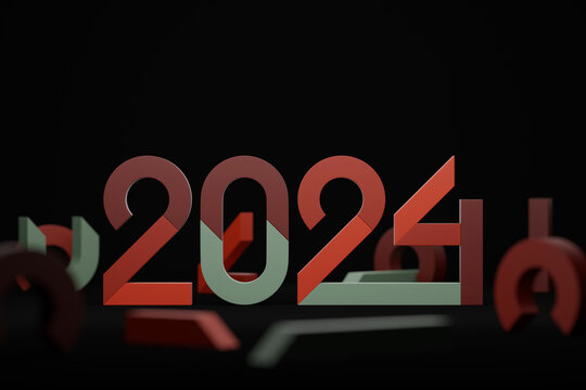 2024 calligraphy with 3d numbers on black  background with New Year celebration balls for flyers, posters, signs for business design, brochures, cards, banners, postcards. 3D illustration