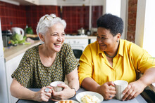 Two Senior Female Friends Of Diverse Ethnicity Laughing Together At Funny Situation In Past Or Jokes Drinking Coffee With Sweats At Kitchen Table, Recollecting Best Memories Of Their Lives