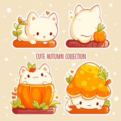 Sticker - Hello autumn. Set of little kitty in kawaii style. Tiny baby cat in multiple poses. Cute kitten expression sheet collection. Can be used for t-shirt print, sticker, greeting card