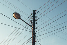 Street Light With Electricity Utility Pole And Electrical Wires