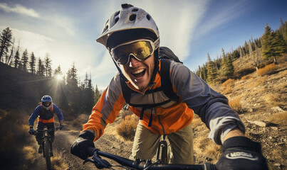 Young man smiles into the camera as he rides up extreme mountain bike.