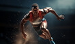 Young african muscular running and jumping, Sport action pose in stadium running track background. Studio lighting.