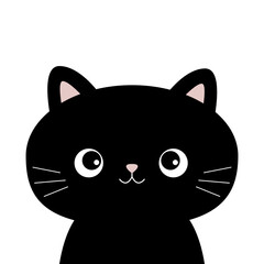 Wall Mural - Cute black cat head face silhouette. Cartoon baby character. Pink nose, ears. Kawaii pet animal. Funny kitten. Sticker print. Flat design. White background. Isolated.