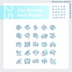 Sticker - 2D pixel perfect blue icons pack representing car repair and service, editable thin line illustration.