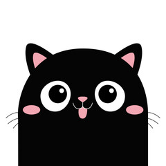 Poster - Black cat head silhouette. Cute cartoon baby character. Kawaii pet animal. Smiling face showing tongue. Pink nose, ears, cheeks. Funny kitten. Sticker print. Flat design. White background.